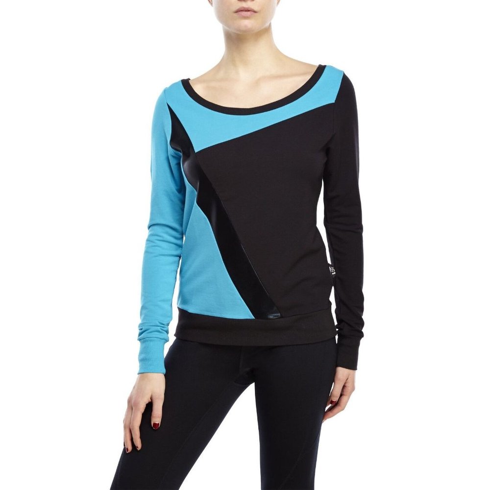 NWT Splits 59 Cotton Blend Black/Turquoise Color Block Yoga Pullover  SMALL ANB